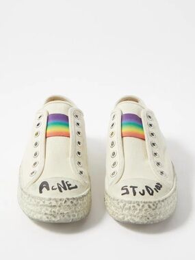 Acne Off-White Canvas Slip-On Sneakers with Rainbow Elastic Detail